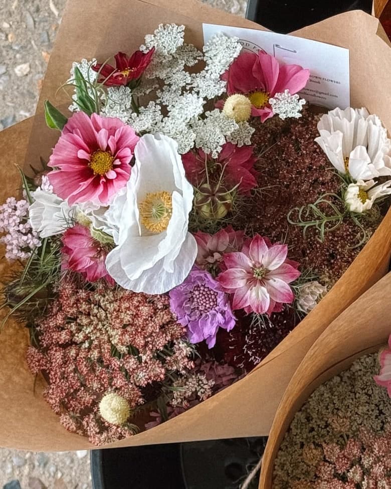 A garden bouquet wrapped in kraft paper — cosmos, a white poppy, scabiosa and ammi.