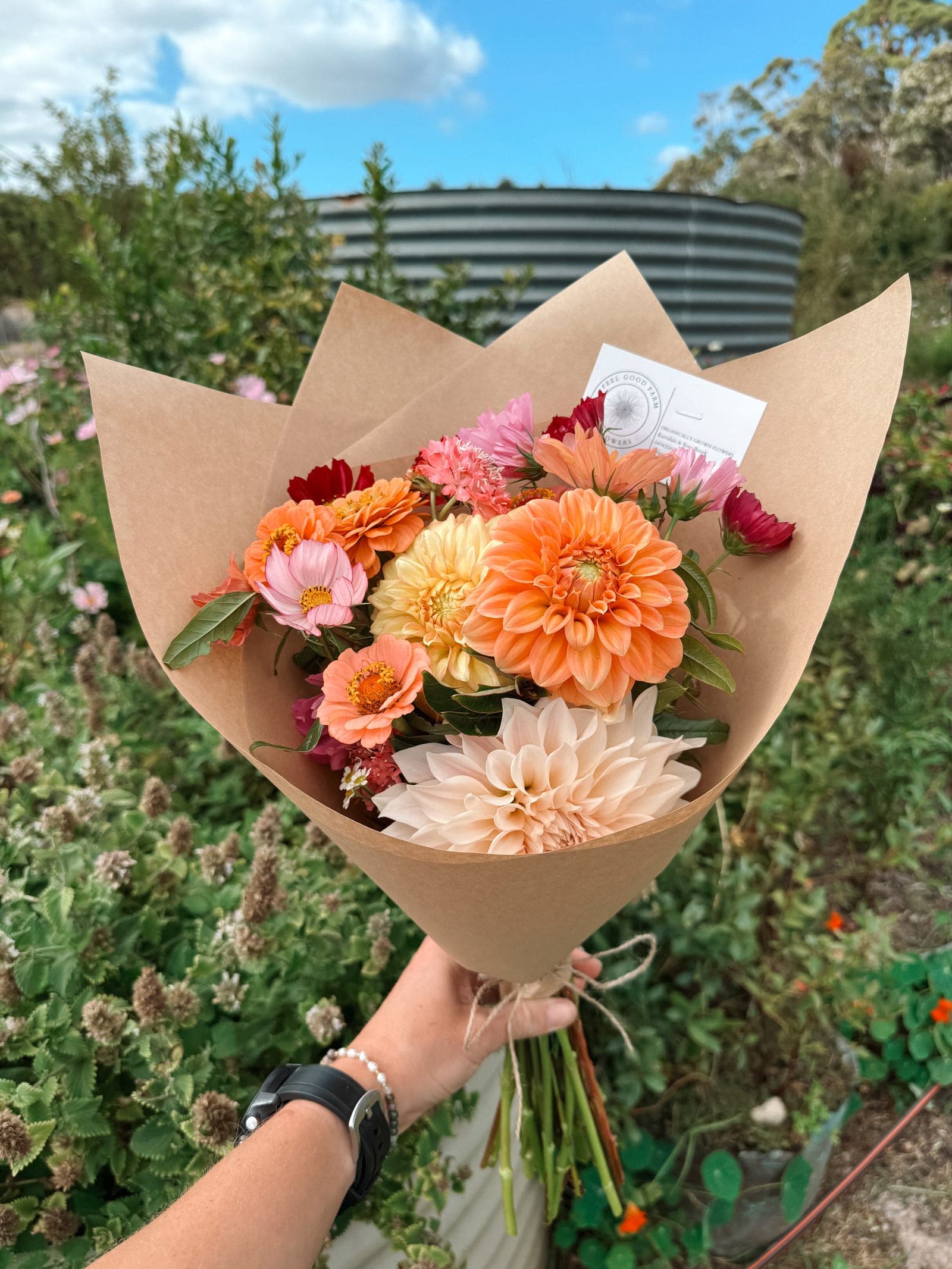 An autumn bunch held in the rows — apricot dahlias, zinnias and cosmos against the water tank.